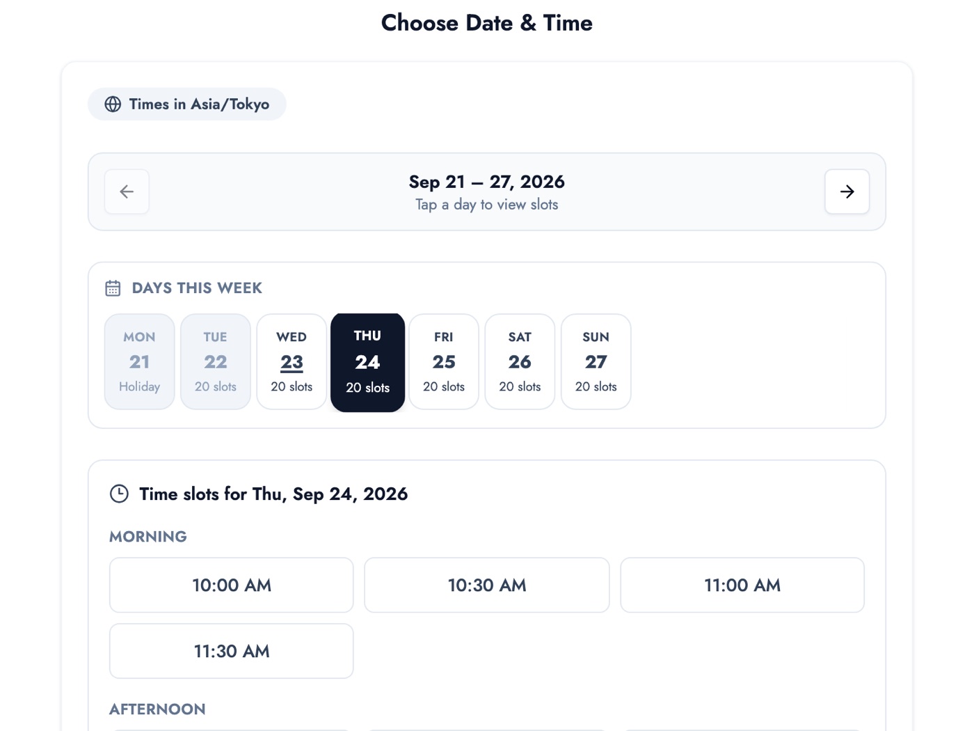 The date and time picker: tap a day and only that day's open times are shown