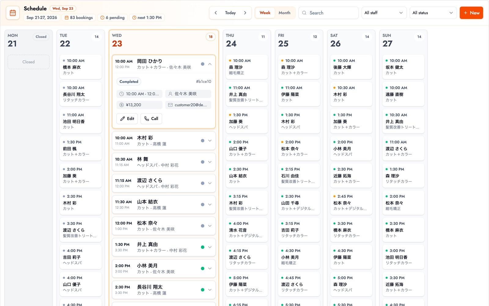 The BOOKIN schedule view showing a busy salon's week of bookings across its stylists