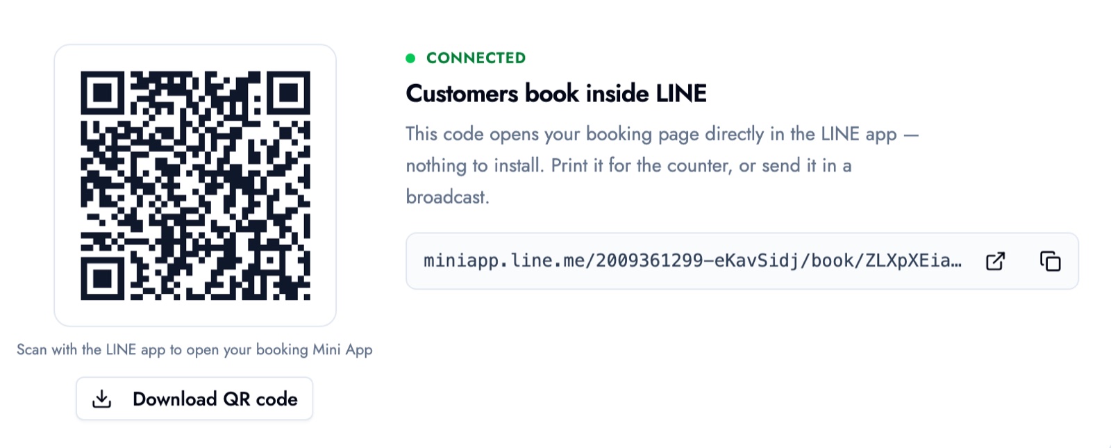 The share screen for the booking page, with a QR code that opens the booking page in LINE and its link