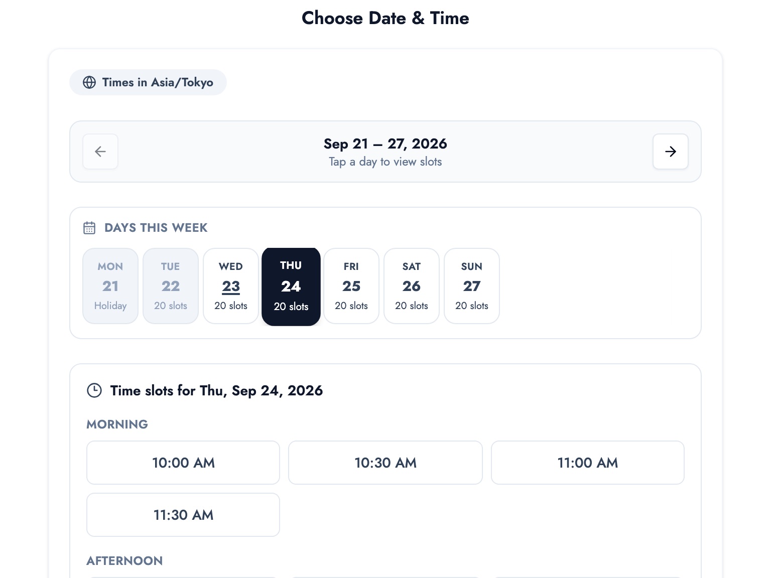 The customer's date and time picker. Tap a day and only that day's open times appear